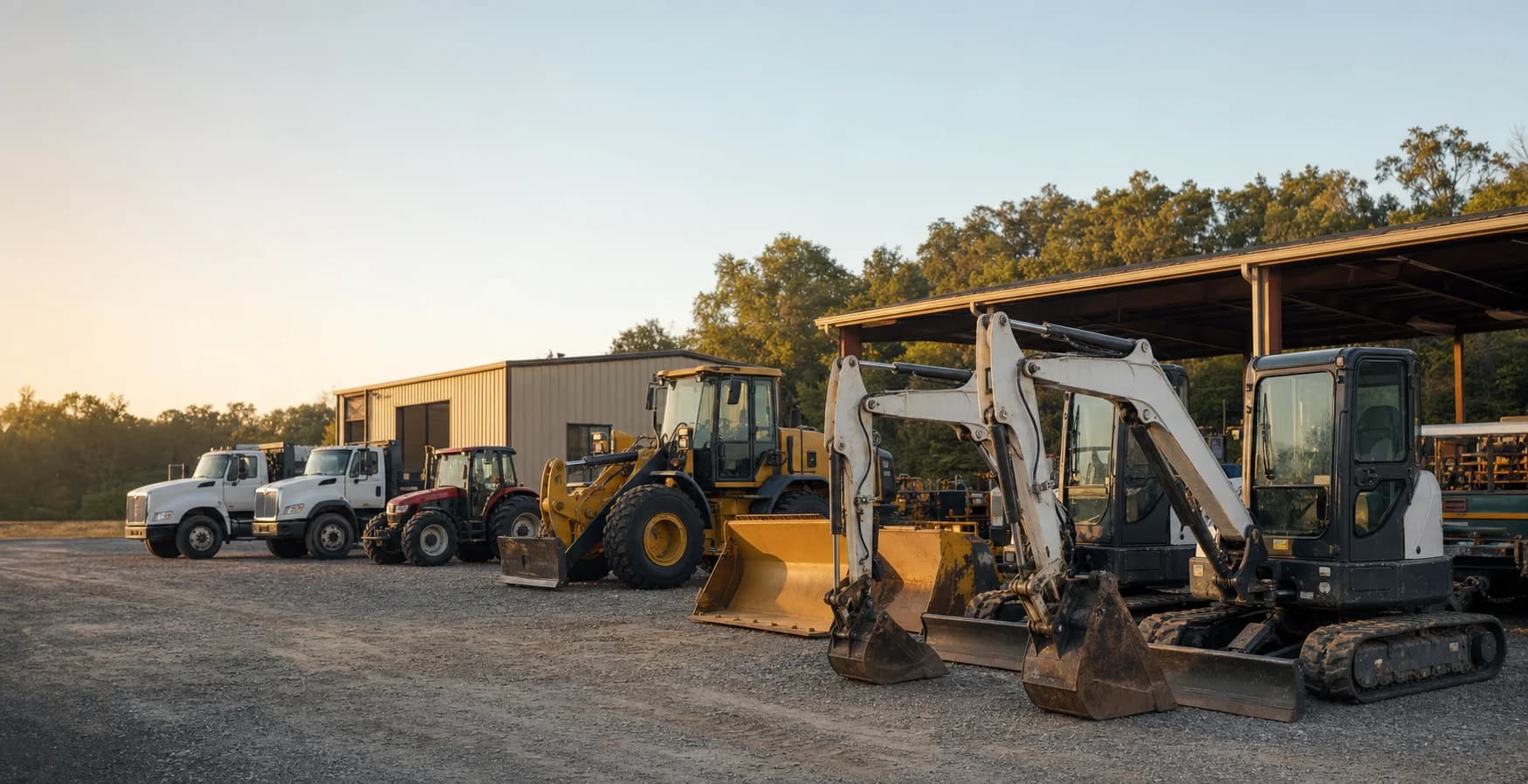 Excavators, loaders, and tractors in an equipment dealership yard