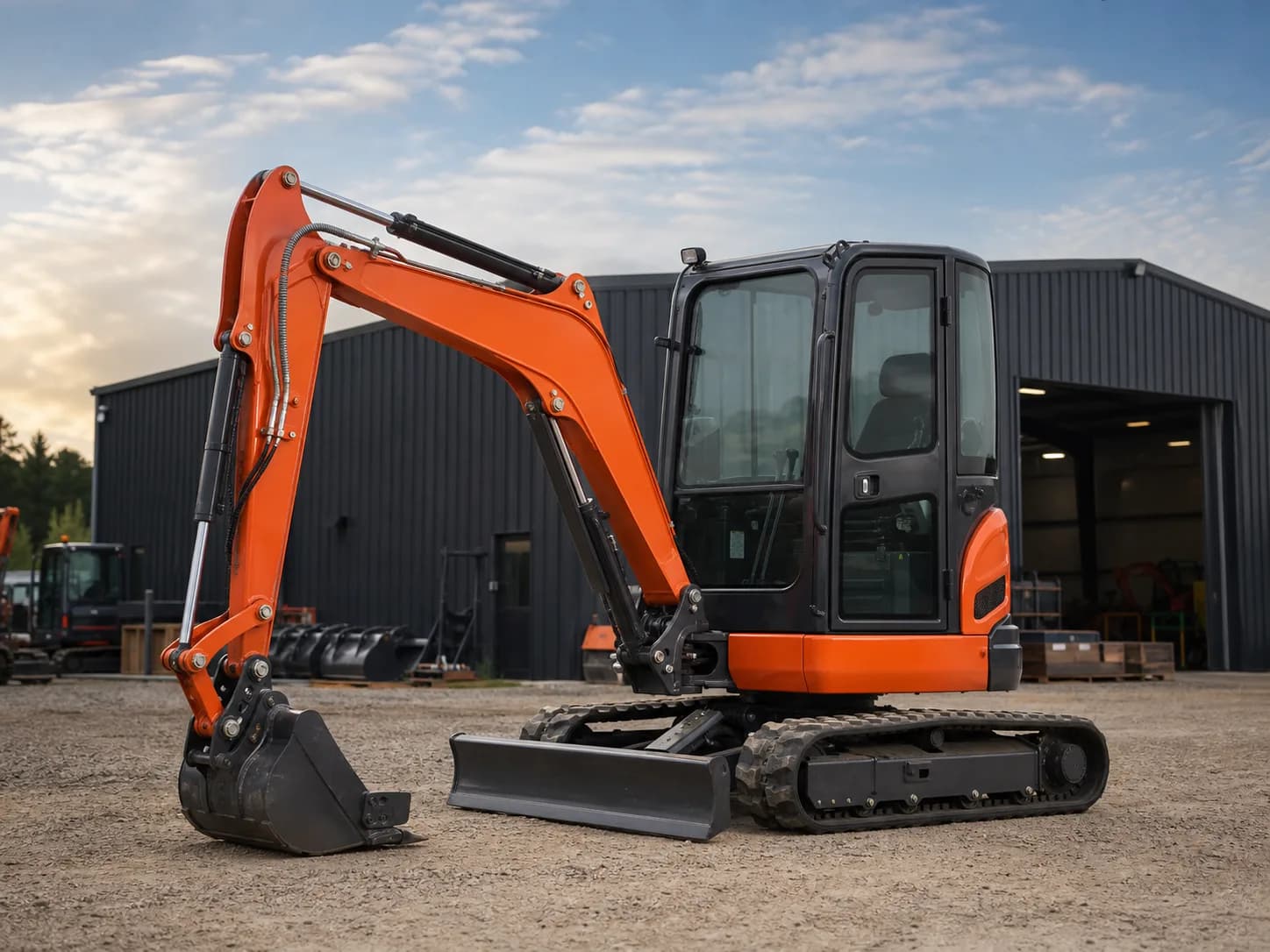 Orange mini excavator displayed in front of a workshop